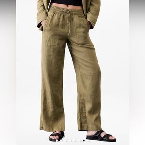 Athleta Retreat Linen High Rise Wide Leg Pants pull on olive green medium